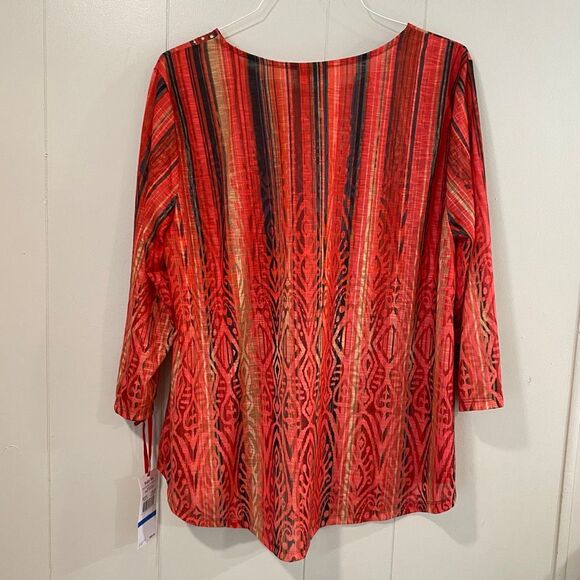 Ruby Rd Embellished Top Women’s XL Red Black Gold Metallic Print 3/4 Sleeve Tuni - Picture 2 of 7